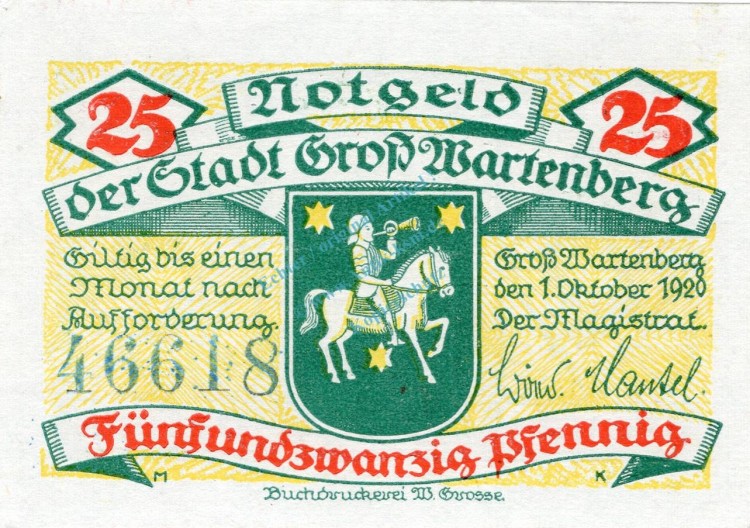 Gross Wartenberg , Notgeld 25 Pfennig Schein unc-kfr. Ti.2615.10.01 Schlesien 1920 Verkehrsausgabe