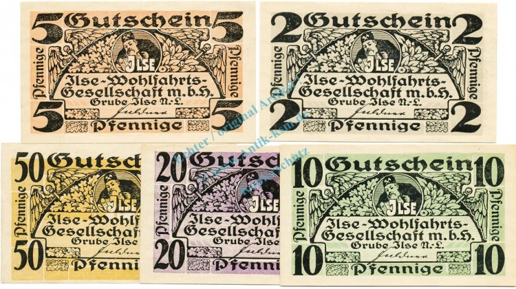 Grube Ilse , Notgeld Set mit 5 Scheinen unc-kfr. Ti.2630.05.35-39 , Brandenburg o.D. Verkehrsausgabe