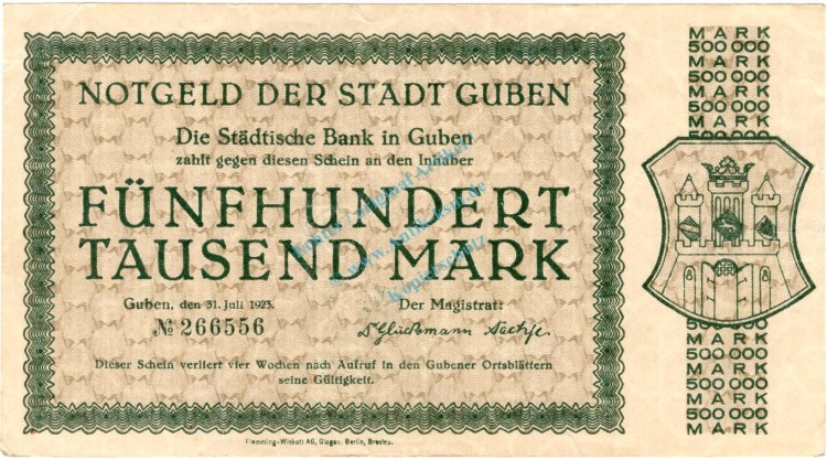 Guben , Banknote 500.000 Mark Schein gbr. Keller 2994.a-c , Brandenburg 1923 Inflation