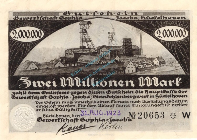Hückelhoven , Banknote 2 Millionen Mark Schein unc-kfr. Keller 2456.a Rheinland 1923 Inflation