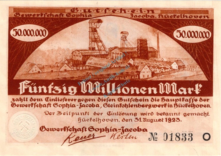 Hückelhoven , Banknote 50 Millionen Mark Schein unc-kfr. Keller 2456.b Rheinland 1923 Inflation