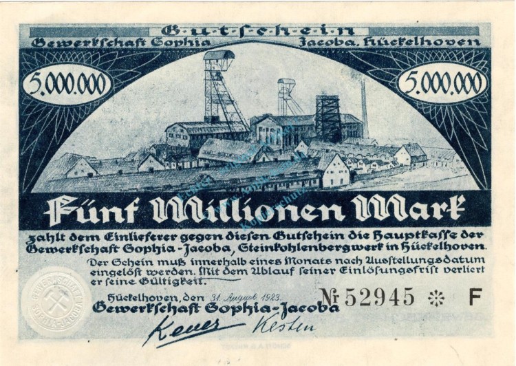 Hückelhoven , Banknote 5 Millionen Mark Schein unc-kfr. Keller 2456.b Rheinland 1923 Inflation