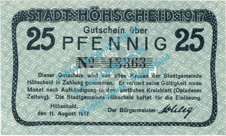 Höhscheid , Notgeld 25 Pfennig Schein in kfr. Tieste 3055.05.01 , Rheinland 1917 Verkehrsausgabe