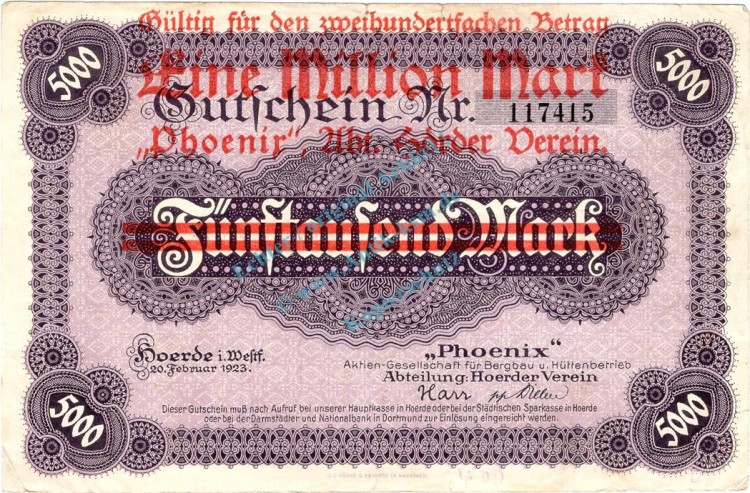 Hörde , Banknote 1 Million Mark gbr. Müller 2135.W2 , Westfalen 192Hörde , Banknote 1 Million Mark gbr. Müller 2135.W2 , Westfalen 1922 Inflation2 Inflation