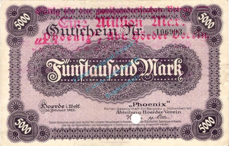 Hörde , Banknote 1 Million Schein gbr.E Müller 2135.W1 , Westfalen 1922 Grossnotgeld