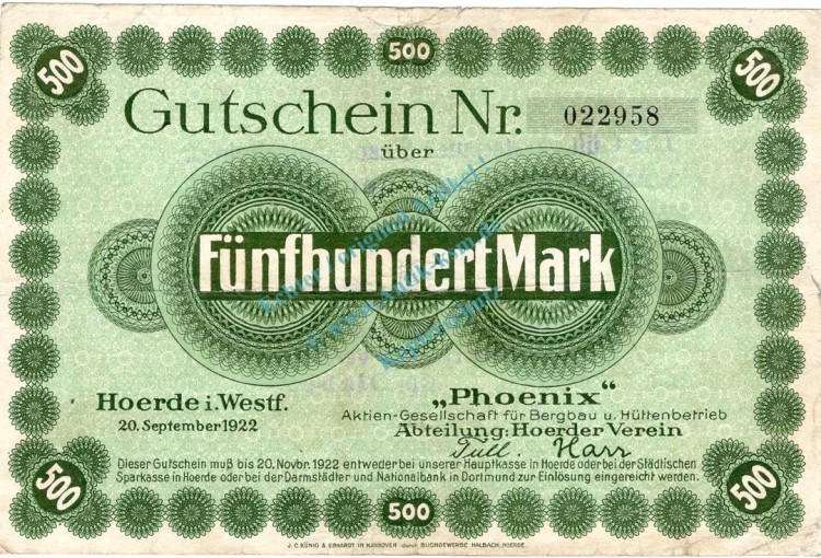 Hörde , Banknote 500 Mark -verlängert- gbr. Müller 2135.2 , Westfalen 1922 InflationHörde , Banknote 500 Mark -verlängert- gbr. Müller 2135.2 , Westfalen 1922 Inflation