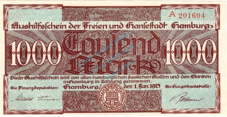 Hamburg , Banknote 1.000 Mark Schein unc-kfr. Müller 1975.9.a , Hamburg 1923 Inflation
