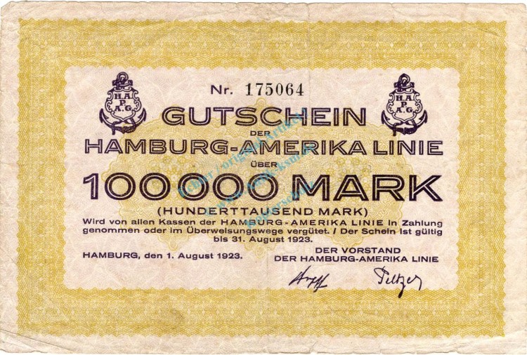 Hamburg , Banknote 100.000 Mark Schein gbr. Keller 2118.a , Hamburg 1923 Inflation