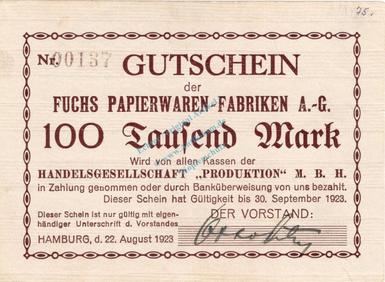 Hamburg , Banknote 100.000 Mark Schein in F-kfr. Keller 2116.a , Hamburg 1923 Inflation