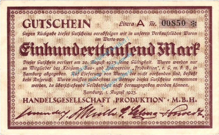Hamburg , Banknote 100.000 Mark Schein L-gbr. Keller 2124.a , Hamburg 1923 Inflation