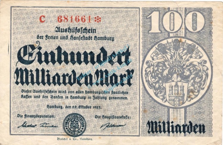 Hamburg , Banknote 100 Milliarden Mark Schein gbr. Keller 2109.t , Hamburg 1923 Inflation