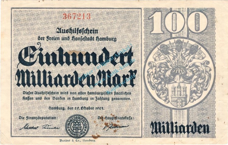 Hamburg , Banknote 100 Milliarden Mark Schein unc-kfr. Keller 2109.t , Hamburg 1923 Inflation