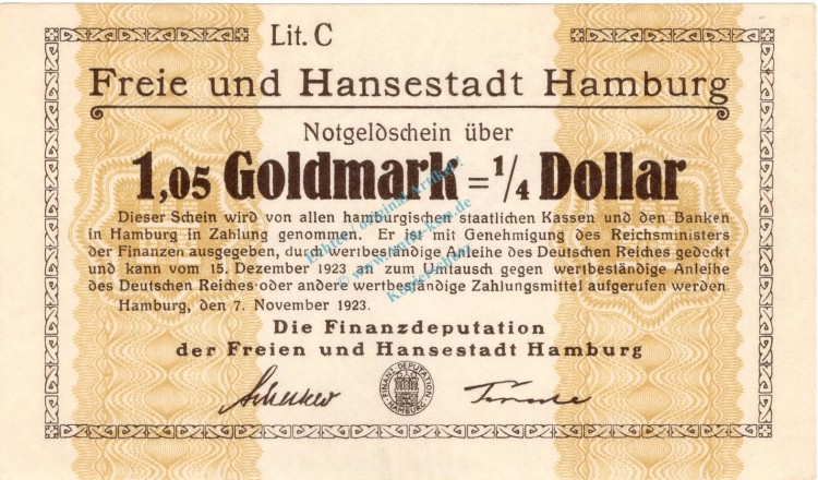 Hamburg , Banknote 1,05 Goldmark -o.KN- unc-kfr. Müller 2310.5.a , Hamburg 1923 Wertbeständig