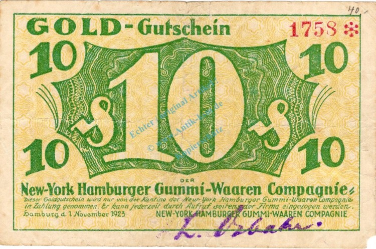 Hamburg , Banknote 10 Gold Pfennig Schein in gbr. Müller 2385.4 , Hamburg 1923 Inflation