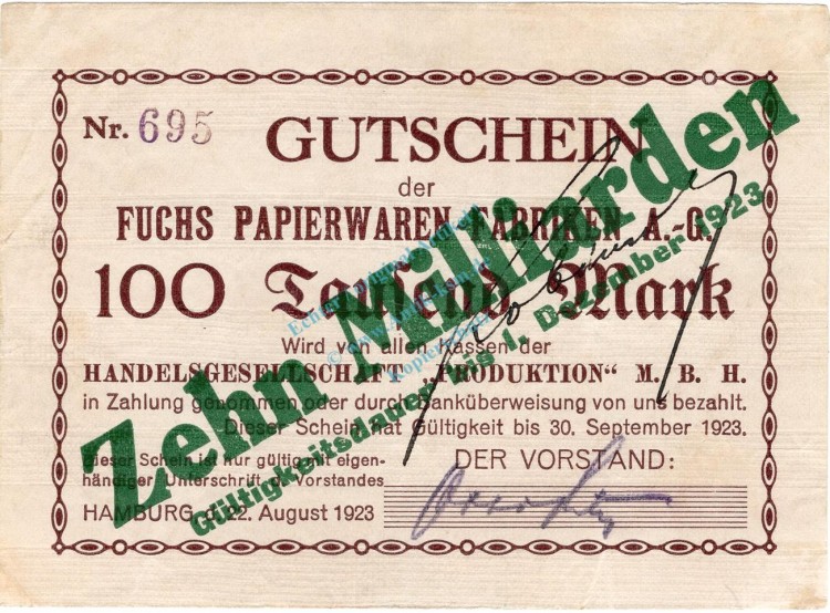 Hamburg , Banknote 10 Milliarden Überdruck Schein in gbr. Keller 2116.c , Hamburg 1923 Inflation