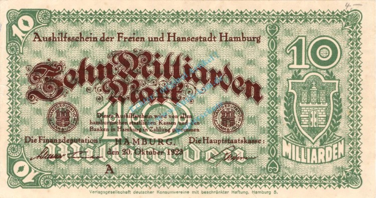 Hamburg , Banknote 10 Milliarden Mark -MUSTER- unc-kfr. Keller 2109.r , Hamburg 1923 Inflation