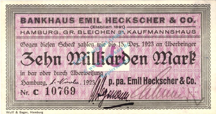 Hamburg , Banknote 10 Milliarden Mark Scheck gbr. Keller 2126.b , Hamburg 1923 Inflation