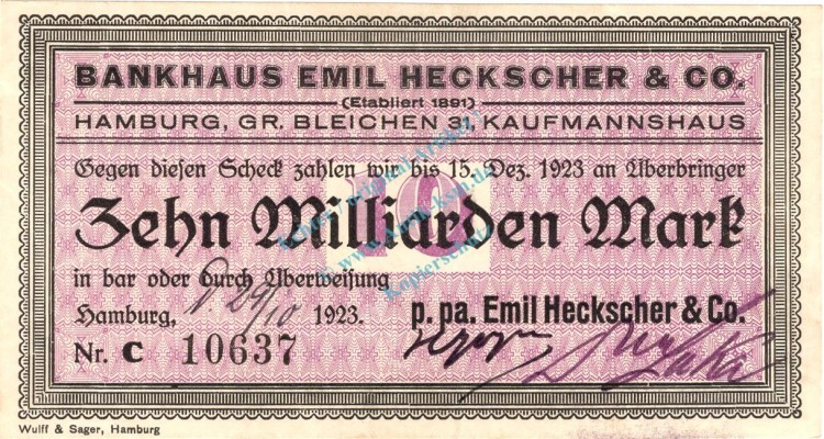Hamburg , Banknote 10 Milliarden Mark Scheck unc-kfr. Keller 2126.a , Hamburg 1923 Inflation