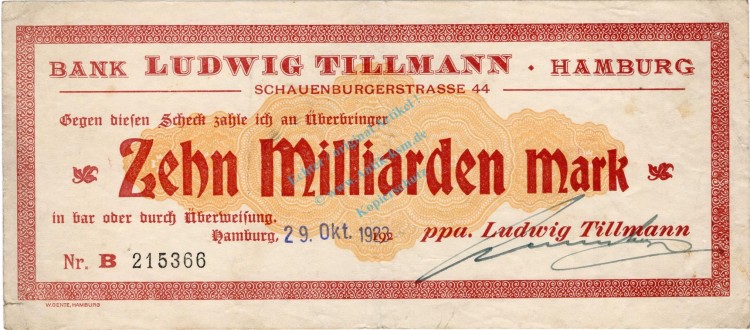 Hamburg , Banknote 10 Milliarden Mark Schein gbr. Keller 2136.b , Hamburg 1923 Inflation