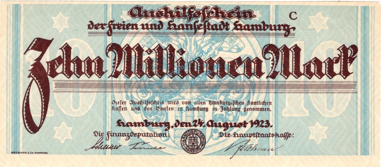 Hamburg , Banknote 10 Millionen Mark -Muster- unc-kfr. Keller 2109.g , Hamburg 1923 Inflation