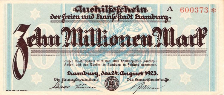 Hamburg , Banknote 10 Millionen Mark Schein unc-kfr. Keller 2109.g , Hamburg 1923 Inflation