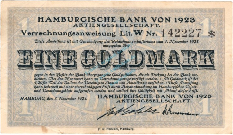 Hamburg , Banknote 1 Goldmark Schein gbr. Müller 2365.11.a-b , Hamburg 1923 Wertbeständig