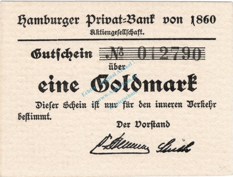 Hamburg , Banknote 1 Goldmark Schein unc-kfr. Müller 2360.1.b , Hamburg 1923 Wertbeständig