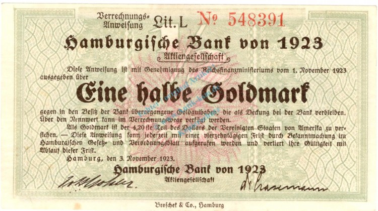 Hamburg , Banknote 1 halbe Goldmark Schein gbr. Müller 2365.10 , Hamburg 1923 Wertbeständig