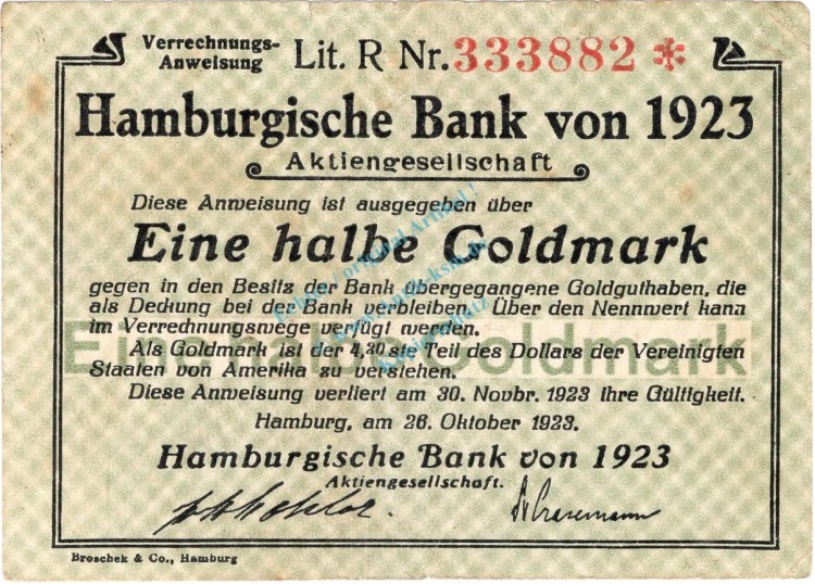 Hamburg , Banknote 1 halbe Goldmark Schein gbr. Müller 2365.1 , Hamburg 1923 Wertbeständig