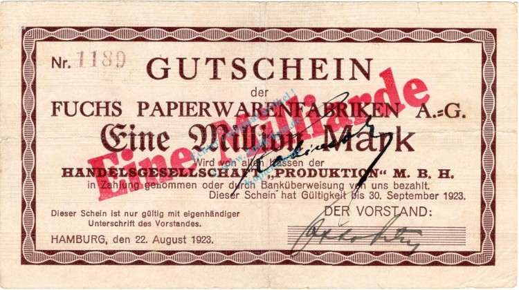 Hamburg , Banknote 1 Milliarde Überdruck Schein in gbr. Keller 2116.b , Hamburg 1923 Inflation