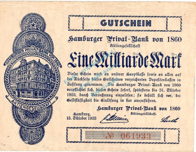 Hamburg , Banknote 1 Milliarde Mark Schein gbr. Keller 2120.d , Hamburg 1923 Inflation