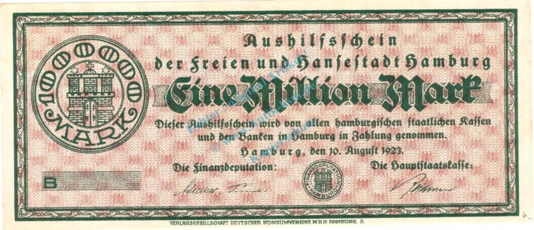 Hamburg , Banknote 1 Million Mark -Muster- unc-kfr. Keller 2109.b , Hamburg 1923 Inflation