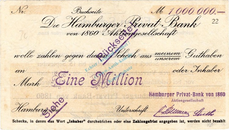 Hamburg , Banknote 1 Million Mark Scheck gbr. Keller 2120.a , Hamburg o.D. Inflation