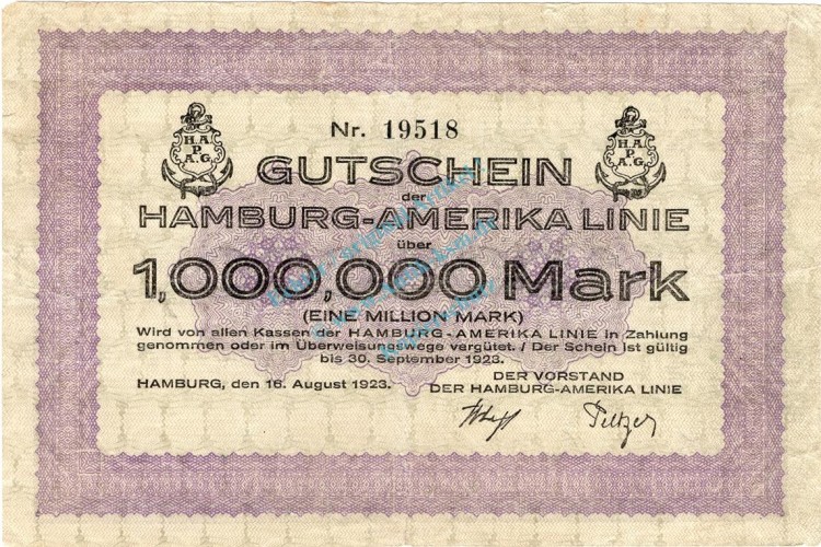 Hamburg , Banknote 1 Million Mark Schein gbr. Keller 2118.b , Hamburg 1923 Inflation