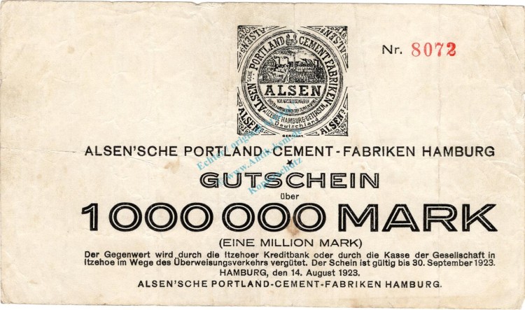 Hamburg , Banknote 1 Million Mark Schein in gbr. Keller 2110.b , Hamburg 1923 Inflation