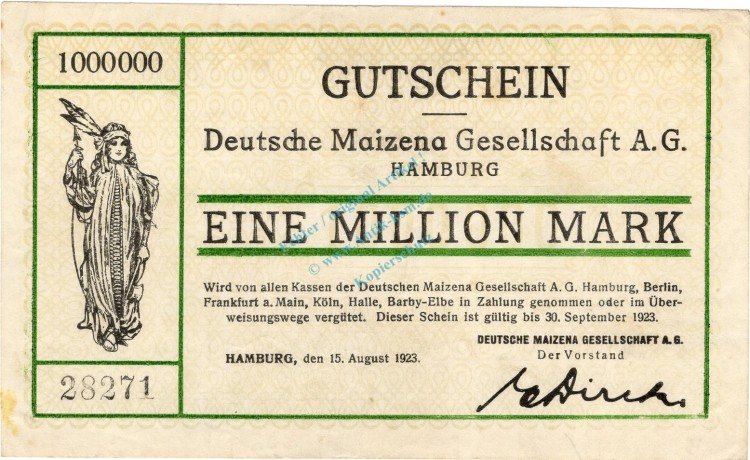 Hamburg , Banknote 1 Million Mark Schein in unc-kfr. Keller 2114 , Hamburg 1923 Inflation