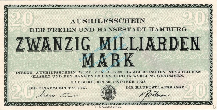 Hamburg , Banknote 20 Milliarden Mark -MUSTER- unc-kfr. Keller 2109.u , Hamburg 1923 Inflation