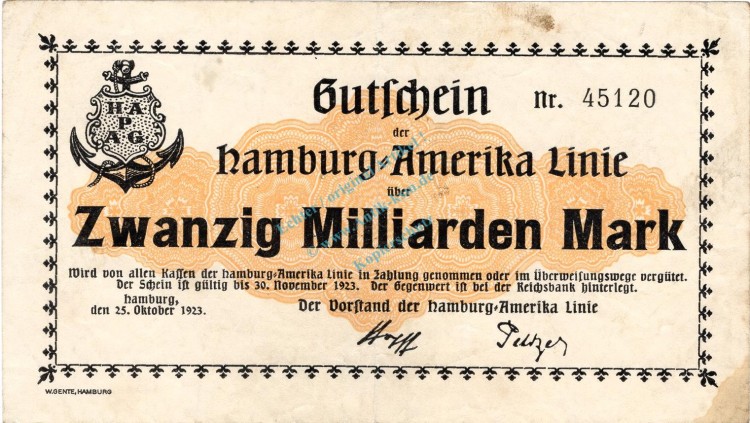 Hamburg , Banknote 20 Milliarden Mark Schein gbr. Keller 2118.e , Hamburg 1923 Inflation