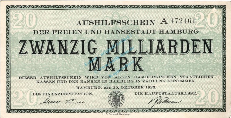 Hamburg , Banknote 20 Milliarden Mark Schein unc-kfr. Keller 2109.u , Hamburg 1923 Inflation