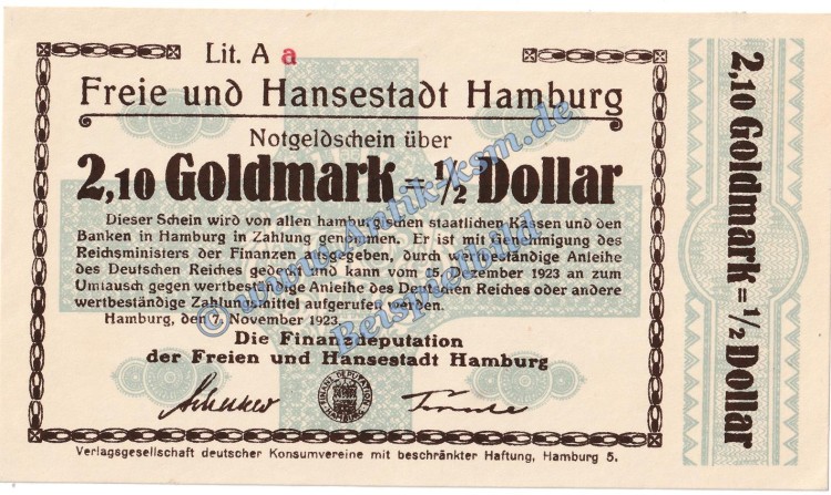 Hamburg , Banknote 2,10 Gold Mark Schein in kfr. Müller 2310.6.a Wertbeständig 1923 Hamburg