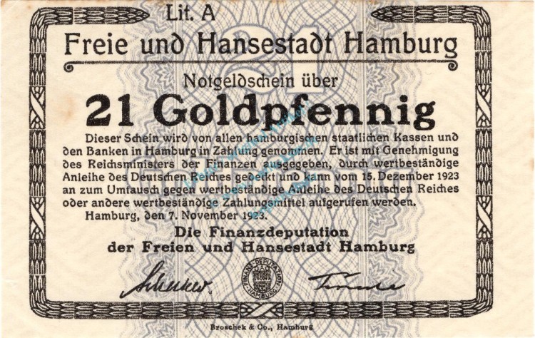 Hamburg , Banknote 21 Goldpfennig --o.KN-- unc-kfr. Müller 2310.1.a , Hamburg 1Hamburg , Banknote 21 Goldpfennig --o.KN-- unc-kfr. Müller 2310.1.a , Hamburg 1923 Wertbeständig923 Wertbeständig