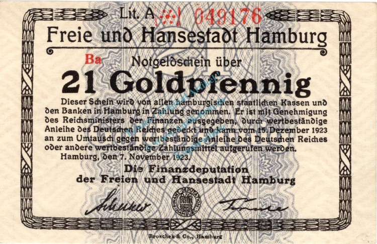 Hamburg , Banknote 21 Goldpfennig Schein gbr. Müller 2310.1.b-e , Hamburg 1923 Wertbeständig
