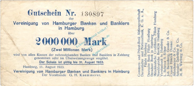 Hamburg , Banknote 2 Millionen Mark Schein gbr-. Keller 2137.a , Hamburg 1923 Inflation