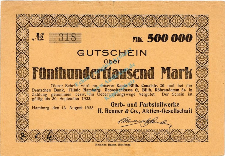 Hamburg , Banknote 500.000 Mark Schein gbr. Keller 2117.a , Hamburg 1923 Inflation