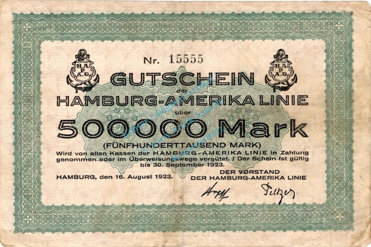 Hamburg , Banknote 500.000 Mark Schein gbr. Keller 2118.b , Hamburg 1923 Inflation
