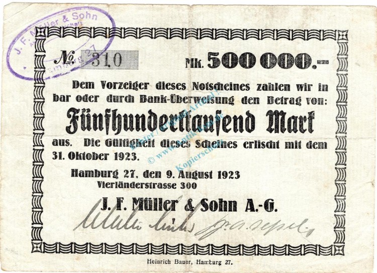 Hamburg , Banknote 500.000 Mark Schein gbr-. Keller 2127.a , Hamburg 1923 Inflation