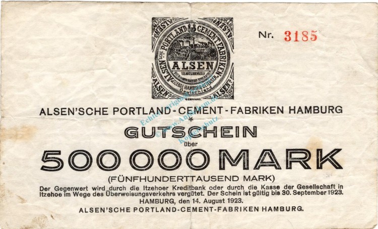 Hamburg , Banknote 500.000 Mark Schein in gbr. Keller 2110.c , Hamburg 1923 Inflation