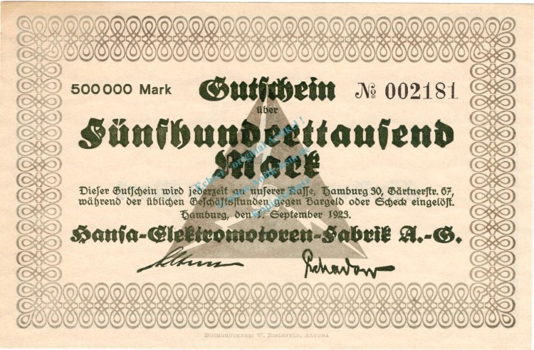 Hamburg , Banknote 500.000 Mark Schein in unc-kfr. Keller 2125.b , Hamburg 1923 Inflation