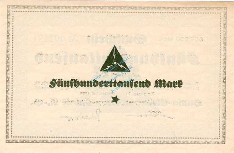Hamburg , Banknote 500.000 Mark Schein in unc-kfr. Keller 2125.b , Hamburg 1923 Inflation
