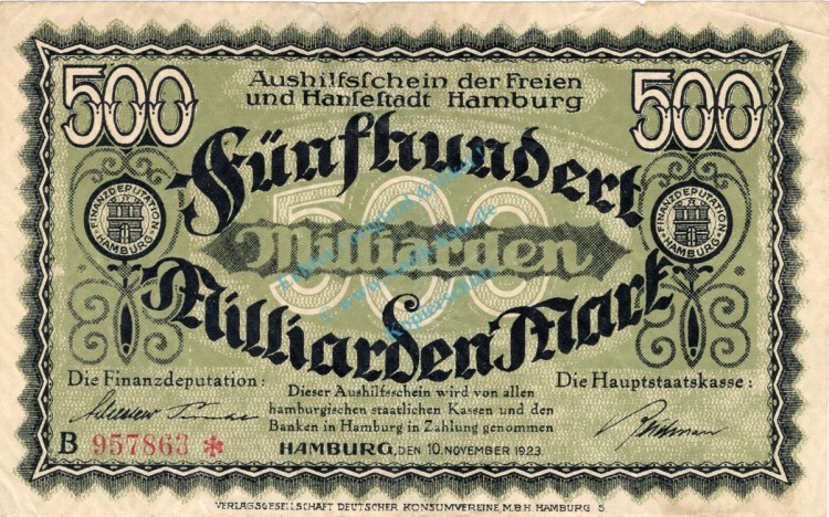 Hamburg , Banknote 500 Milliarden Mark Schein gbr-. Keller 2109.y , Hamburg 1923 Inflation